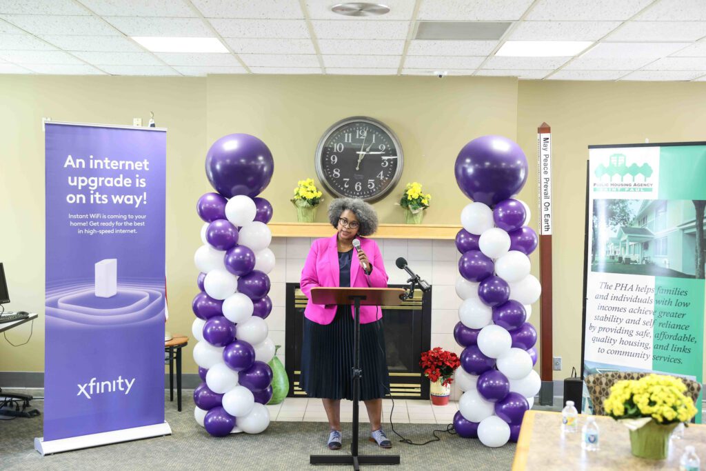 (06/11/24)  - Alicia Huckleby with the Saint Paul Public Housing Agency speaks during Comcast's event for the first collaboration with the Saint Paul Public Housing Agency at the Central Hi-Rise apartments in Saint Paul, Minn., on Tuesday, June 11, 2024. (Tim Gruber for the AP) @ackermangruber