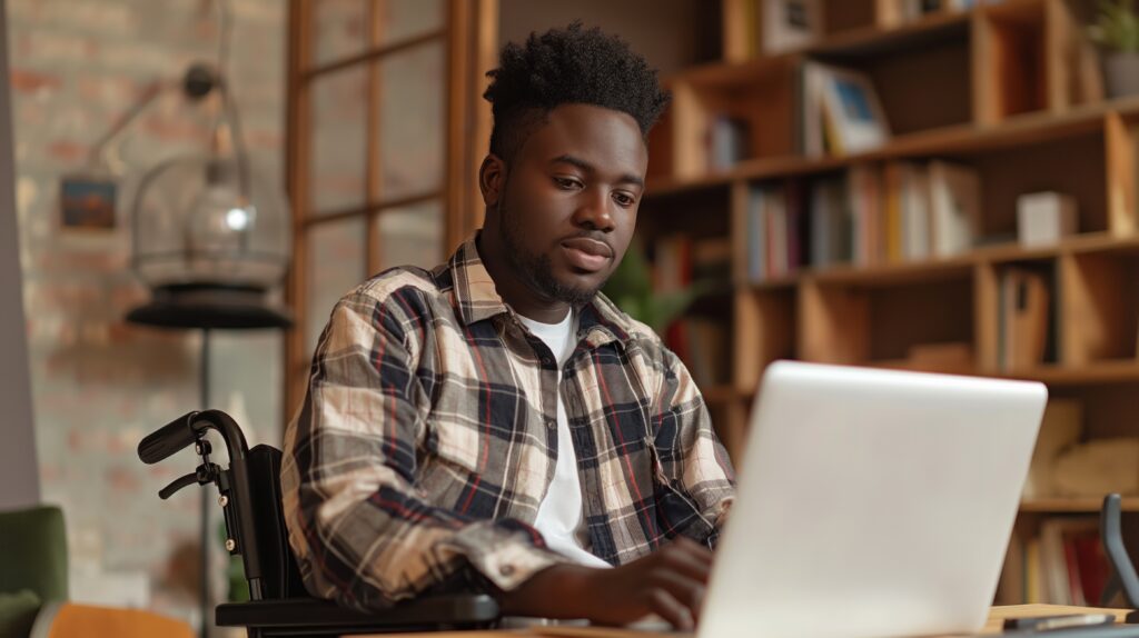 An adult learner taking online classes at home through the power of the internet on National Online Learning Day