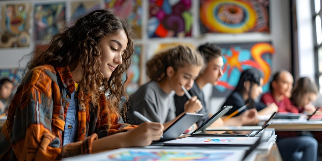 Students using devices in the classroom