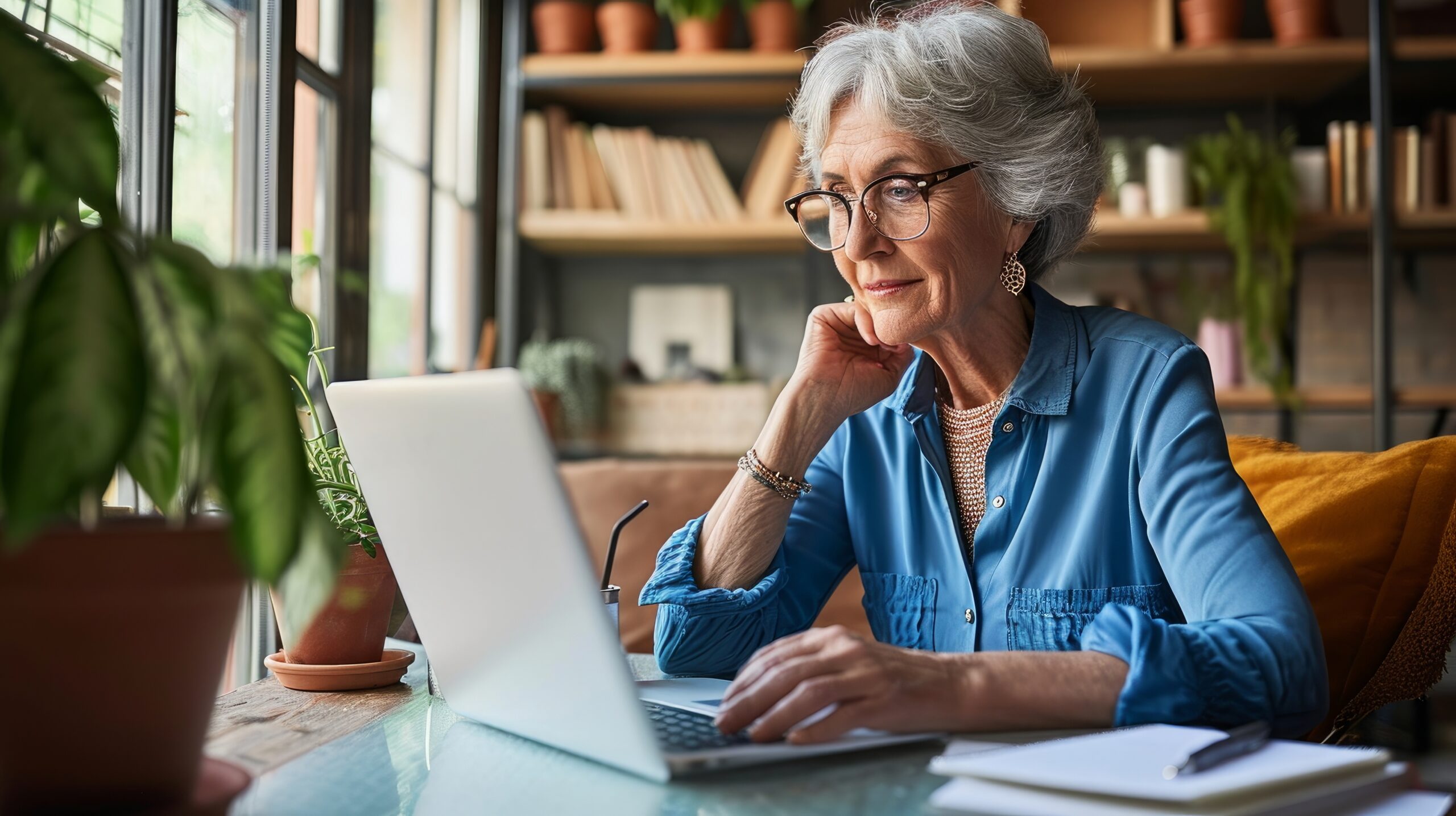 Older person using their laptop for e-learning during National Online Learning Day