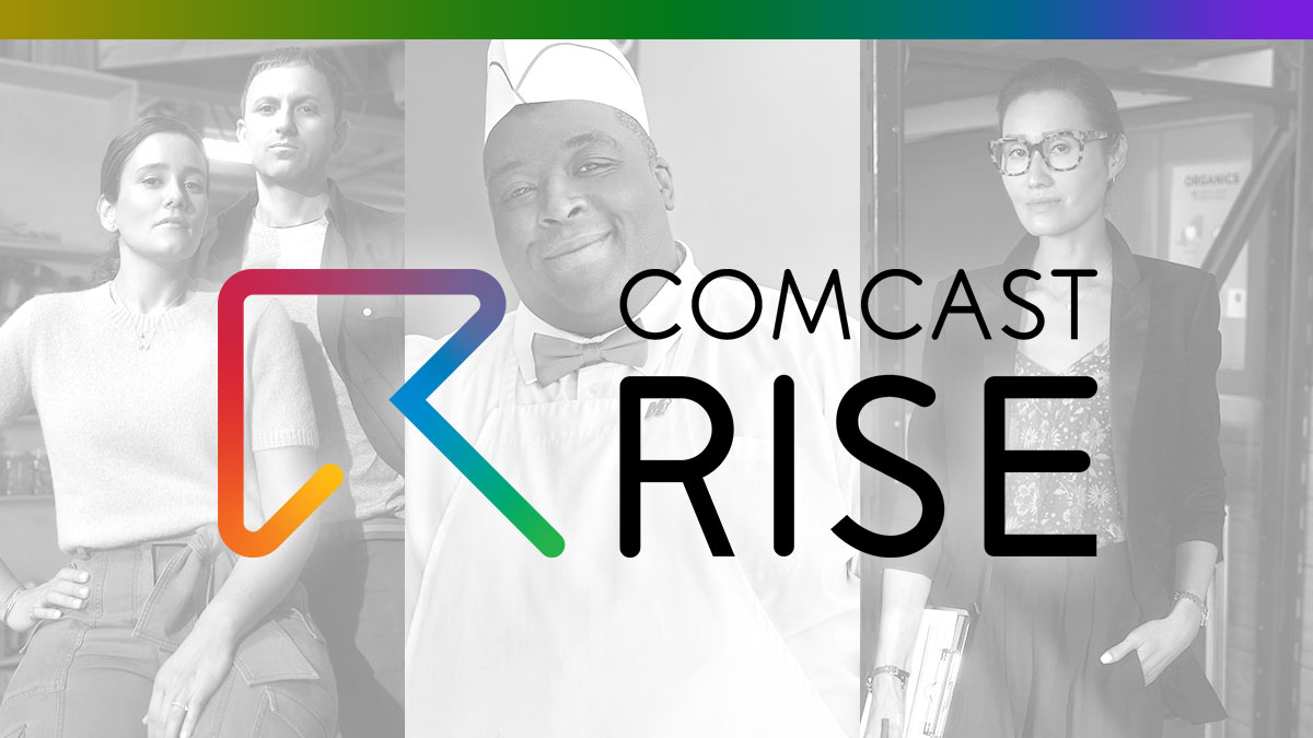 Comcast RISE logo superimposed on a collage of business owner portraits.