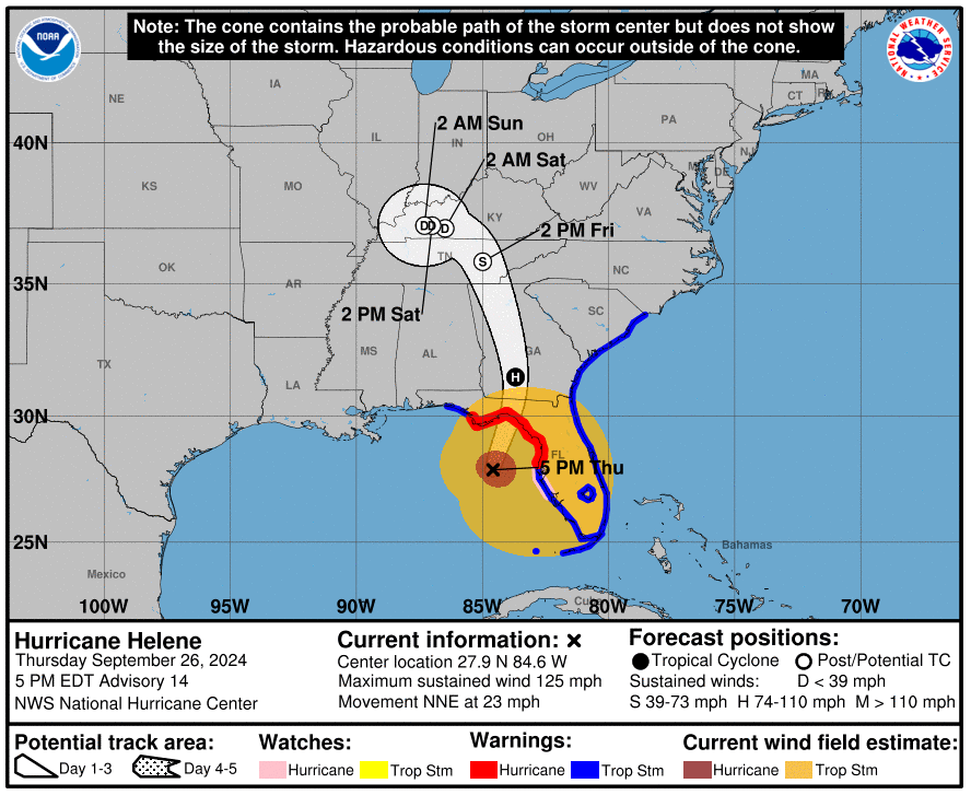 Hurricane Helene's path towards Georgia, South Carolina and Tennessee.