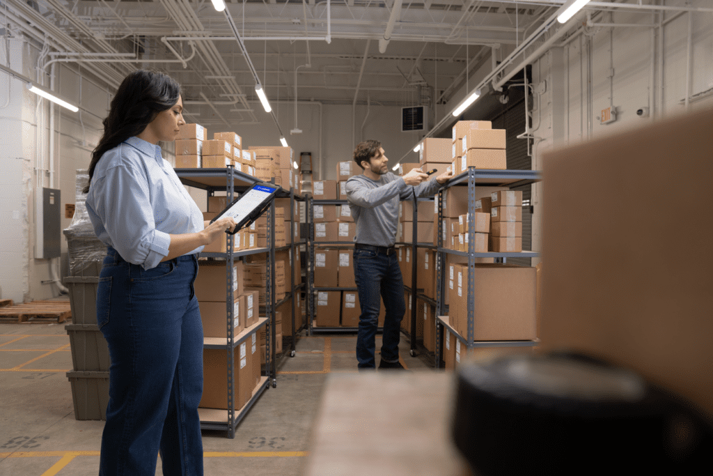 Two employees check out boxes in a warehouse with electronic devices. With the recent expansion into Southeast Georgia, businesses of all sizes now have access to Comcast Business for a fast, secure and reliable Internet solution.