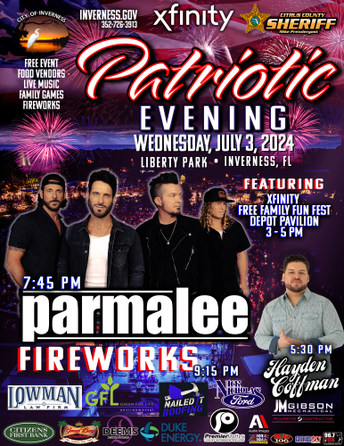 Patriotic Evening, Wednesday July 3, 2024, Liberty Park, Inverness Florida featuring Xfinity Free Family Fun Fest at the Depot Pavilion 3-5 pm