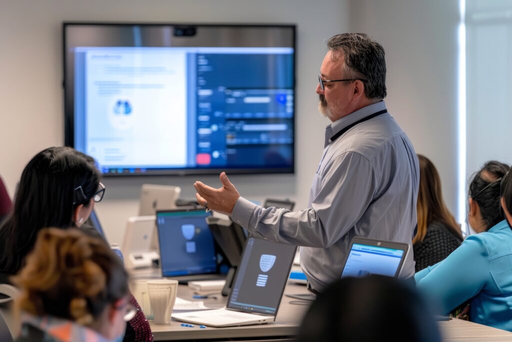 A man standing in front of a classroom full of students, teaching cybersecurity concepts, A cybersecurity specialist training employees on cybersecurity awareness