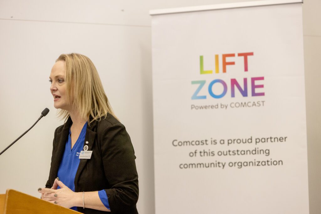 Amanda Hughes, President & CEO Boys and Girls Clubs of Greater Salt Lake speaks during the Lift Zone Technology Center Ribbon Cutting ceremony at the Boys & Girls Club of Greater Salt Lake on Wednesday, May 22, 2024 in Tooele, UT. (Kim Raff/Comcast)